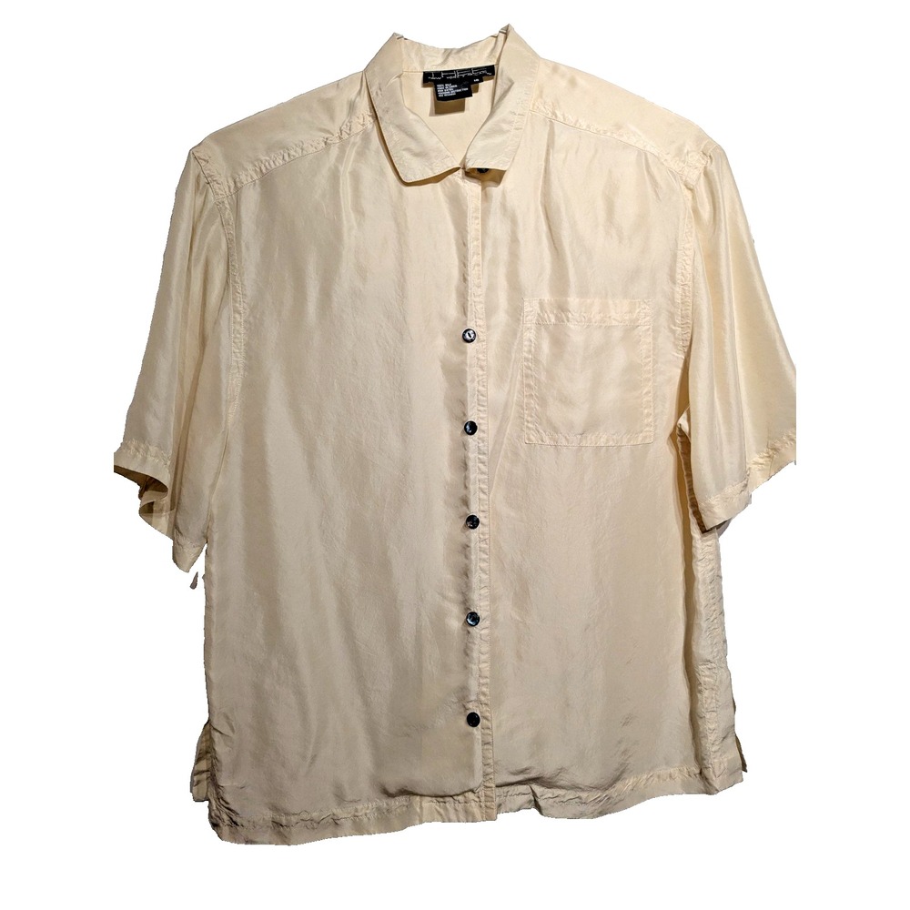 THEE New York Milan Shirt Women L 16 Ivory Silk Short Sleeve Button Pocket Vtg